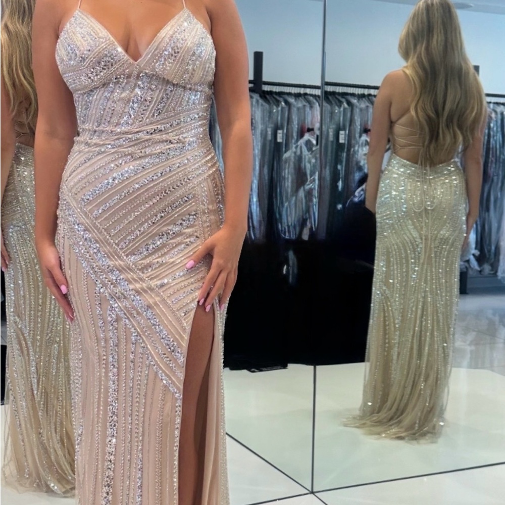 Faviana Nude Beaded Prom Gown with High Slit size 4